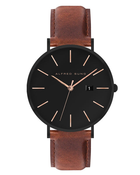 Alfred Sung Metropolitan Date Black Dial & Case Leather strap watch
