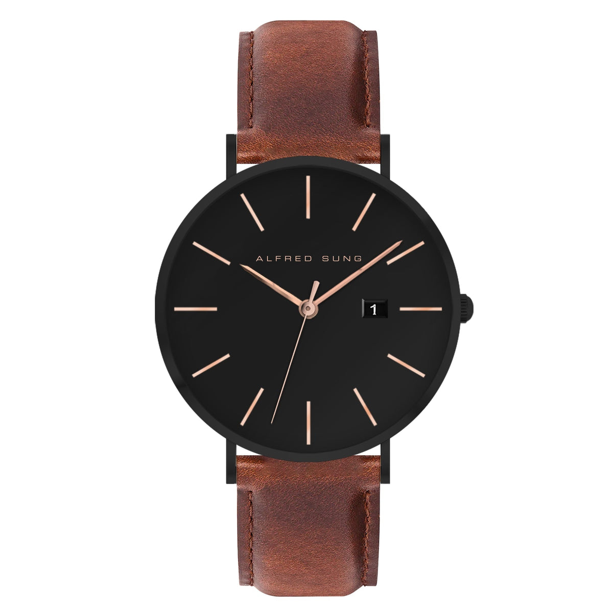 Alfred Sung Metropolitan Date Black Dial & Case Leather strap watch — Metropolitan Date Black Dial & Case…