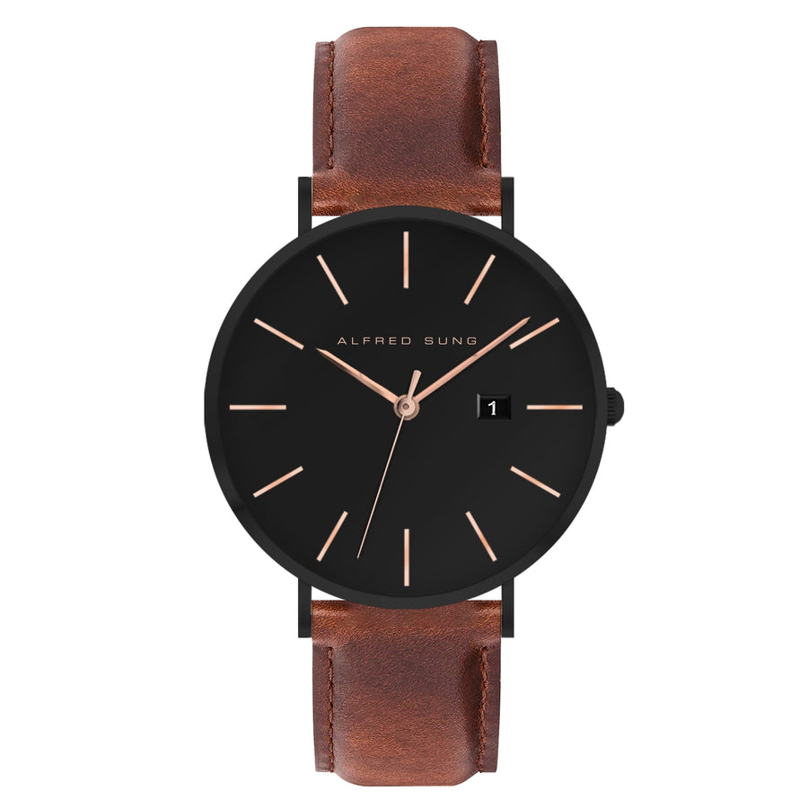 Alfred Sung Metropolitan Date Black Dial & Case Leather strap watch — Metropolitan Date Black Dial & Case…