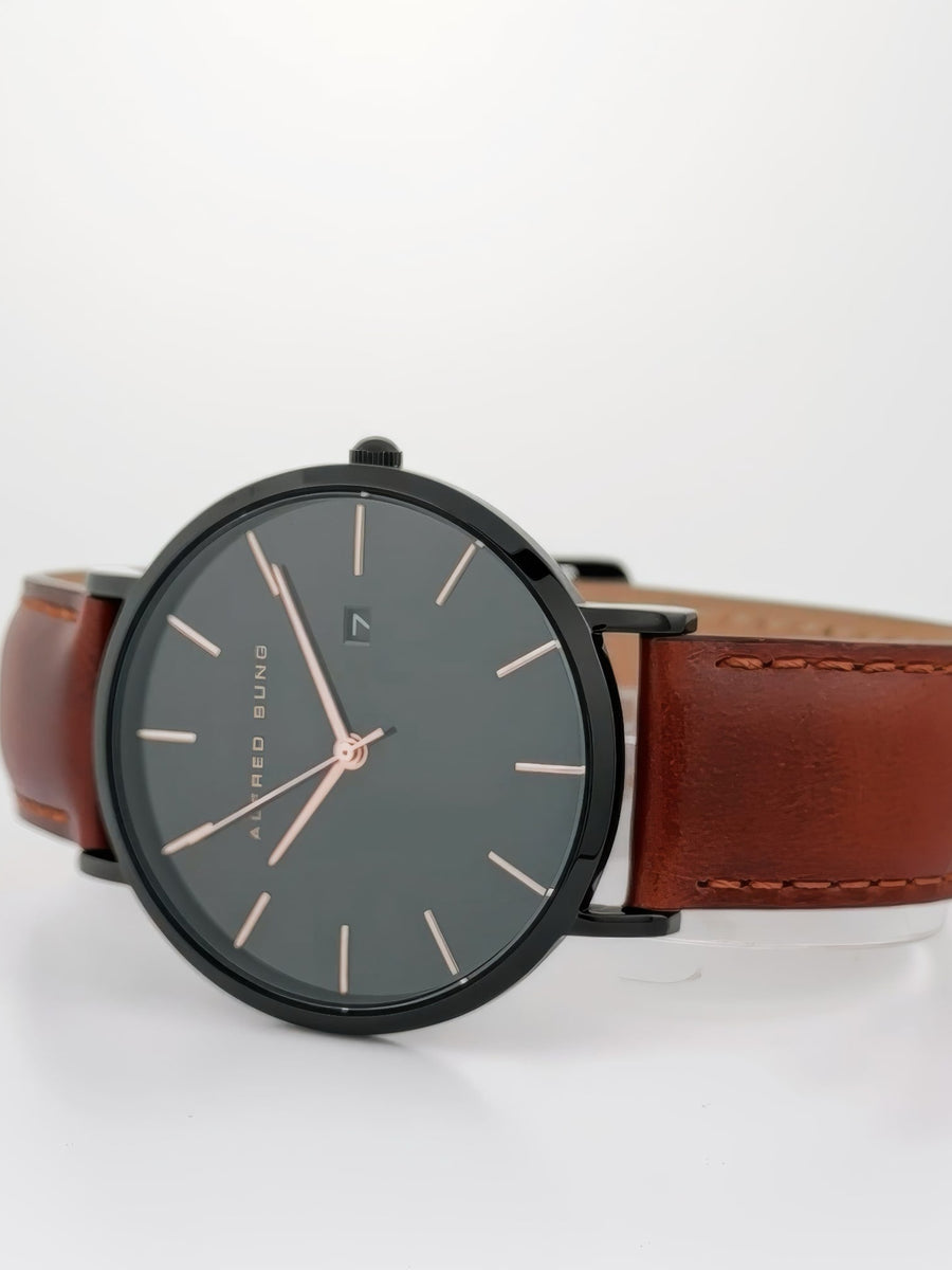 Alfred Sung Metropolitan Date Black Dial & Case Leather strap watch