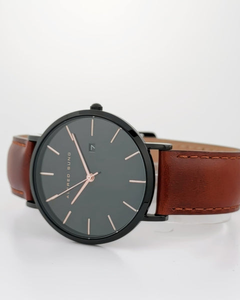 Alfred Sung Metropolitan Date Black Dial & Case Leather strap watch