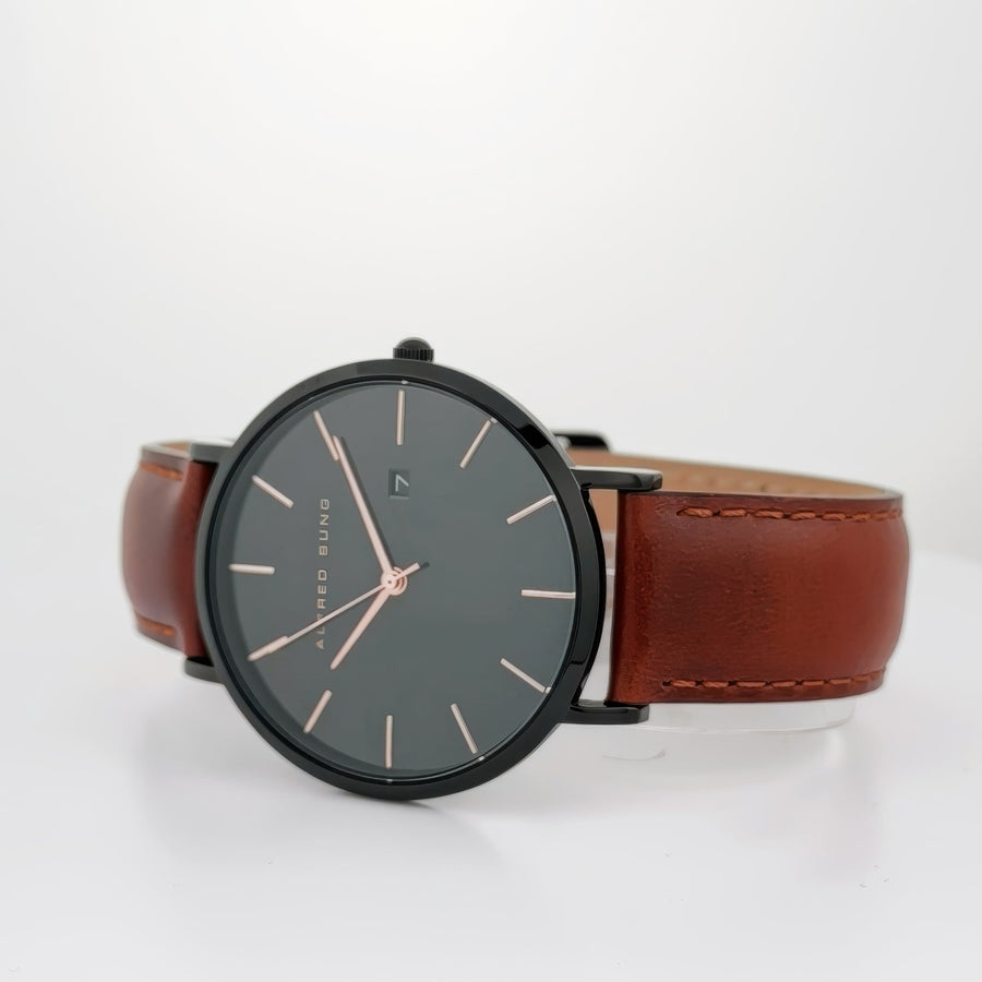 Alfred Sung Metropolitan Date Black Dial & Case Leather strap watch — Metropolitan Date Black Dial & Case…, alternate view 2
