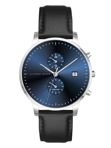Alfred Sung Dual Time with Date Blue Dial Black Leather Strap watch