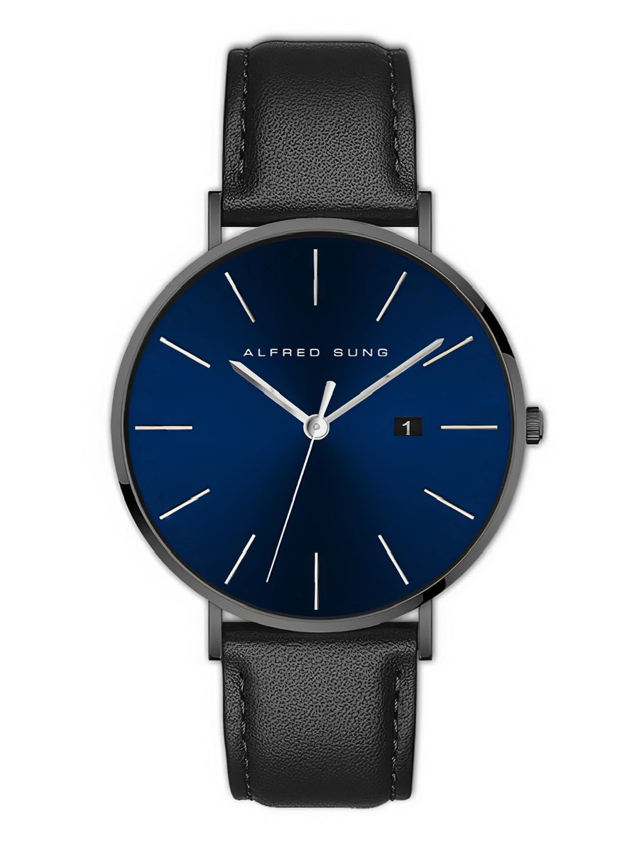 Alfred Sung Metropolitan Date Blue Dial Silver Case Black Leather strap watch