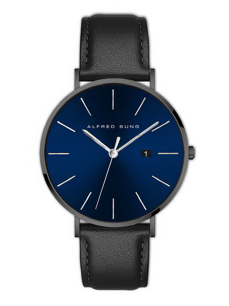 Alfred Sung Metropolitan Date Blue Dial Silver Case Black Leather strap watch