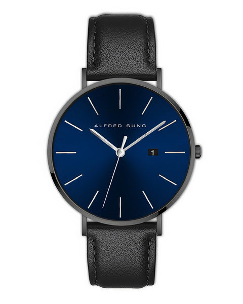 Alfred Sung Metropolitan Date Blue Dial Silver Case Black Leather strap watch