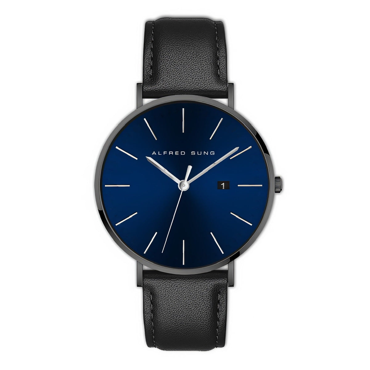 Alfred Sung Metropolitan Date Blue Dial Silver Case Black Leather strap watch — Metropolitan Date Blue Dial…