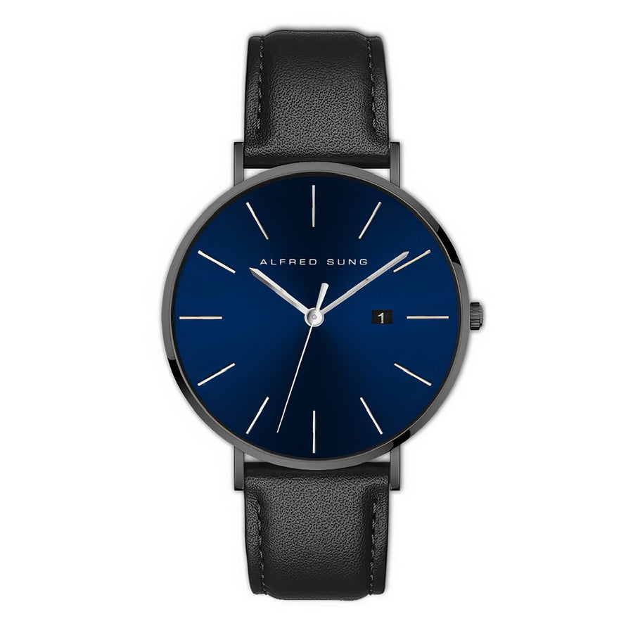 Alfred Sung Metropolitan Date Blue Dial Silver Case Black Leather strap watch — Metropolitan Date Blue Dial…