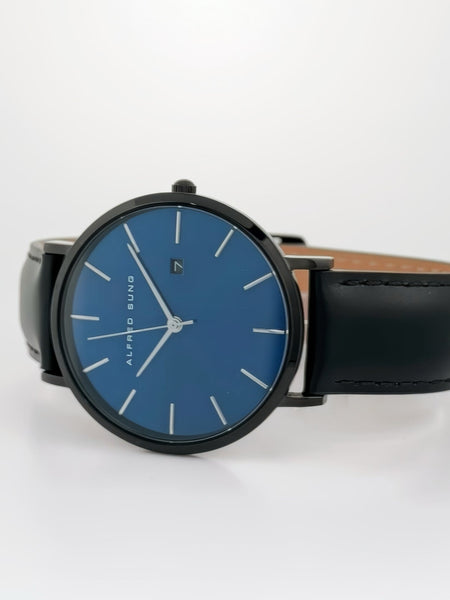 Alfred Sung Metropolitan Date Blue Dial Silver Case Black Leather strap watch
