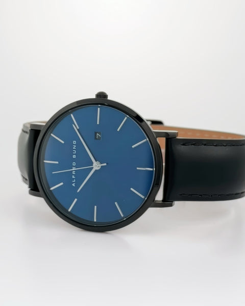 Alfred Sung Metropolitan Date Blue Dial Silver Case Black Leather strap watch