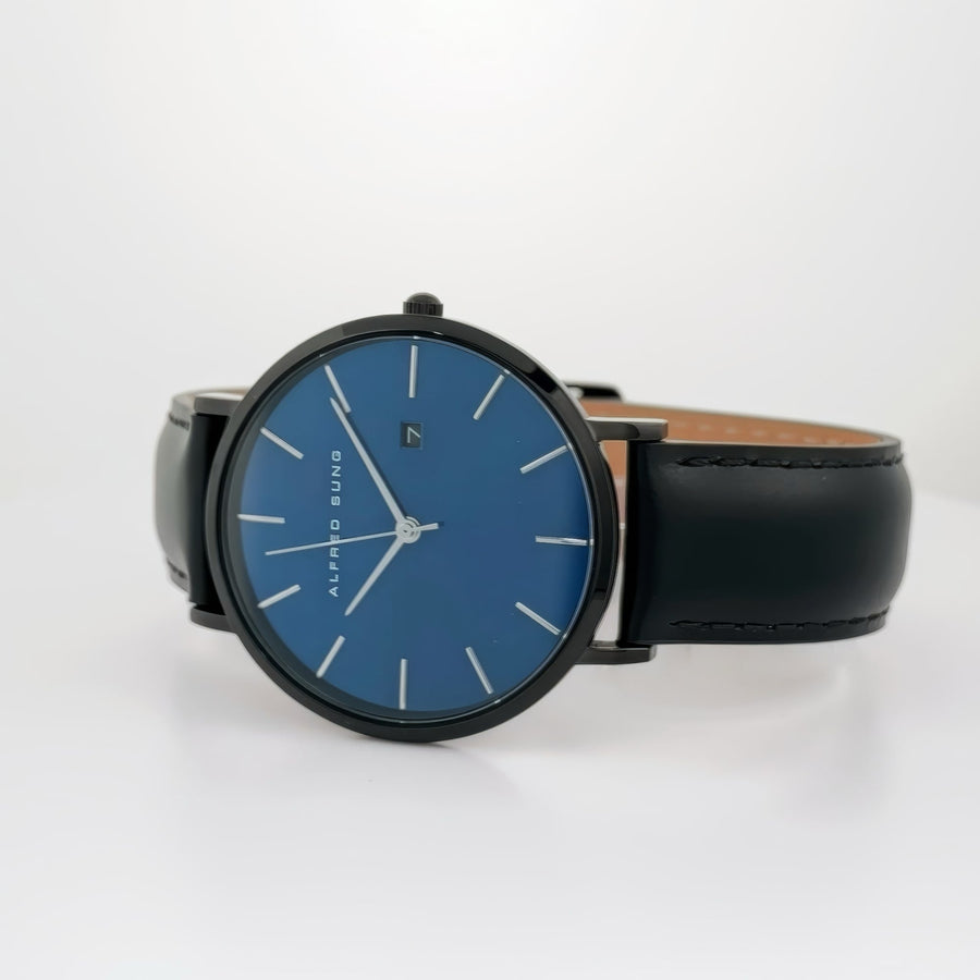 Alfred Sung Metropolitan Date Blue Dial Silver Case Black Leather strap watch — Metropolitan Date Blue Dial…, alternate…