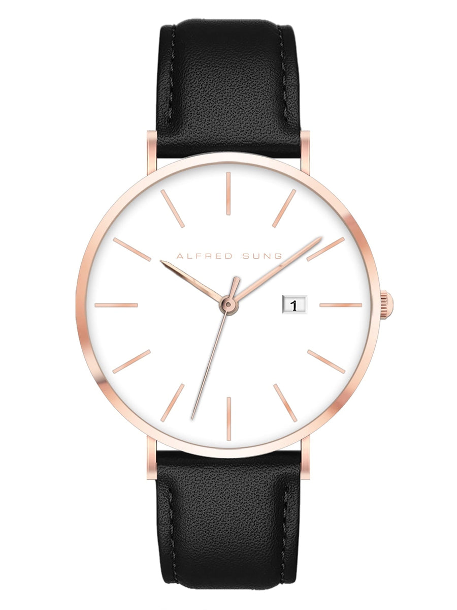 Alfred Sung Metropolitan Date White Dial Rosegold Case Black Leather Strap watch