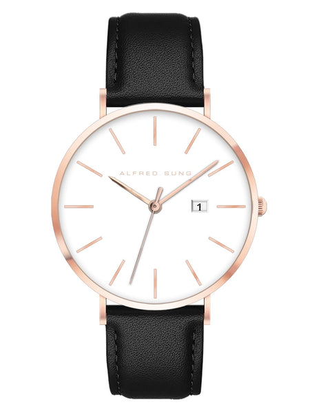 Alfred Sung Metropolitan Date White Dial Rosegold Case Black Leather Strap watch