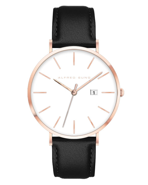 Alfred Sung Metropolitan Date White Dial Rosegold Case Black Leather Strap watch