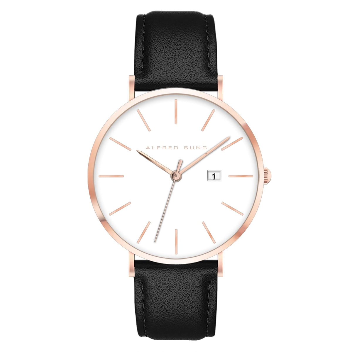 Alfred Sung Metropolitan Date White Dial Rosegold Case Black Leather Strap watch — Metropolitan Date White…