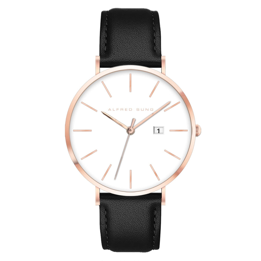 Alfred Sung Metropolitan Date White Dial Rosegold Case Black Leather Strap watch — Metropolitan Date White…