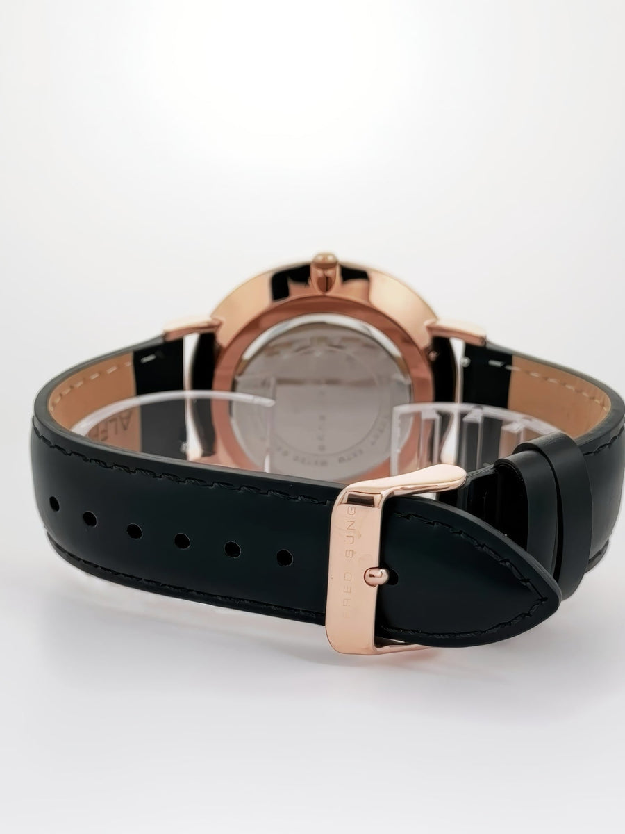 Alfred Sung Metropolitan Date White Dial Rosegold Case Black Leather Strap watch