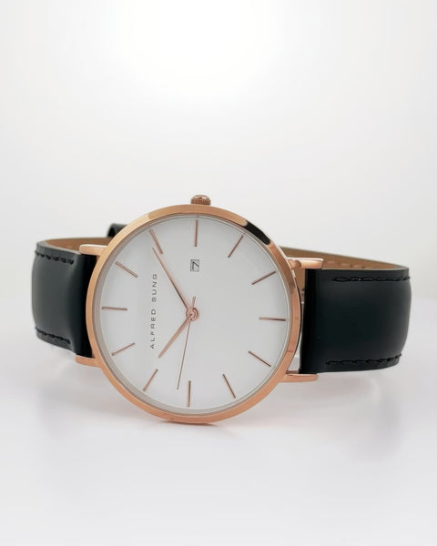 Alfred Sung Metropolitan Date White Dial Rosegold Case Black Leather Strap watch