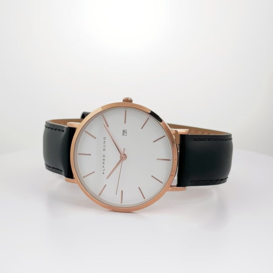 Alfred Sung Metropolitan Date White Dial Rosegold Case Black Leather Strap watch — Metropolitan Date White…, alternate view 2