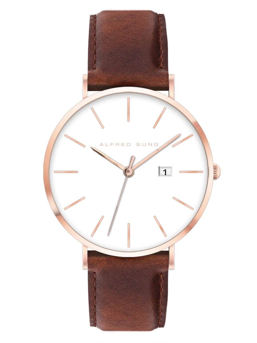 Alfred Sung Metropolitan Date White Dial Rosegold Case Brown Leather Strap watch