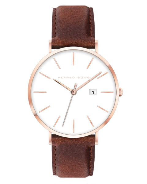 Alfred Sung Metropolitan Date White Dial Rosegold Case Brown Leather Strap watch
