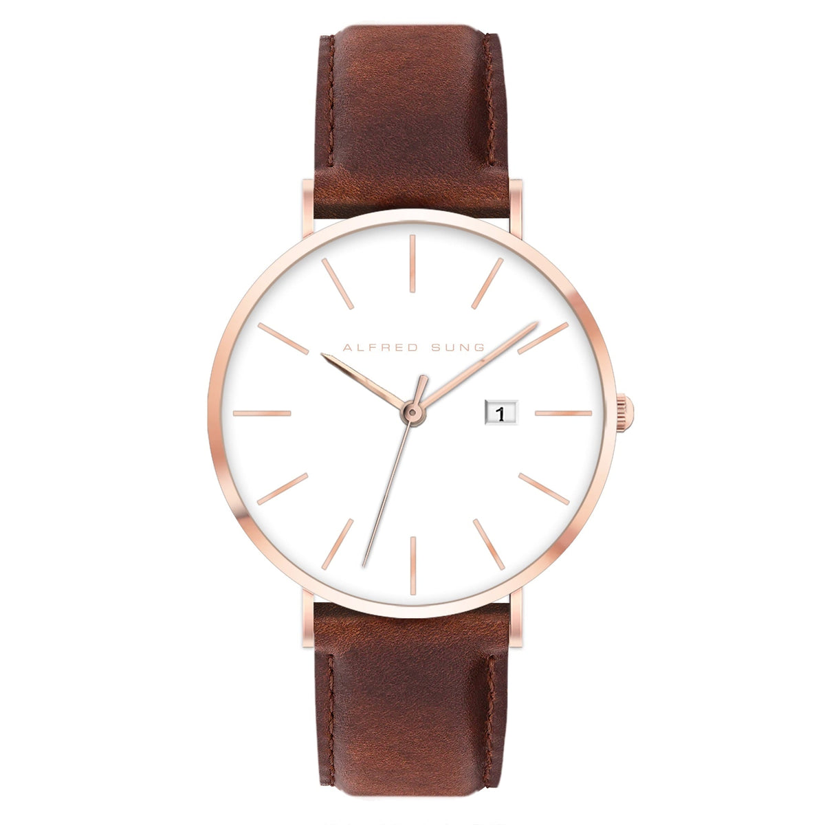 Alfred Sung Metropolitan Date White Dial Rosegold Case Brown Leather Strap watch — Metropolitan Date White…