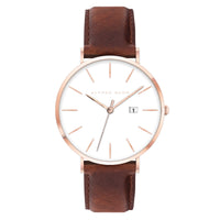 Alfred Sung Metropolitan Date White Dial Rosegold Case Brown Leather Strap watch — Metropolitan Date White…