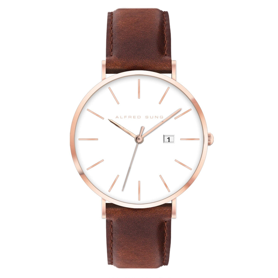 Alfred Sung Metropolitan Date White Dial Rosegold Case Brown Leather Strap watch — Metropolitan Date White…