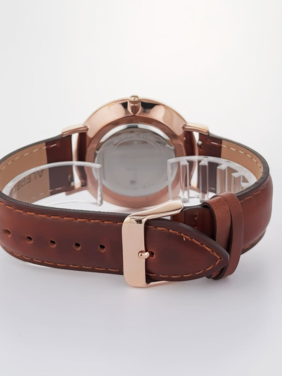 Alfred Sung Metropolitan Date White Dial Rosegold Case Brown Leather Strap watch