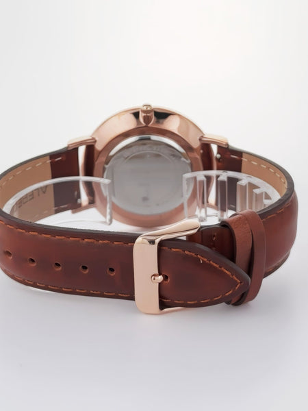 Alfred Sung Metropolitan Date White Dial Rosegold Case Brown Leather Strap watch