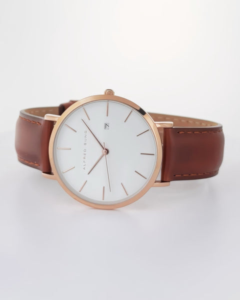 Alfred Sung Metropolitan Date White Dial Rosegold Case Brown Leather Strap watch