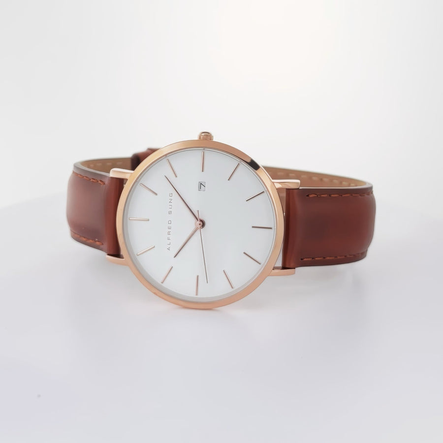 Alfred Sung Metropolitan Date White Dial Rosegold Case Brown Leather Strap watch — Metropolitan Date White…, alternate view 2