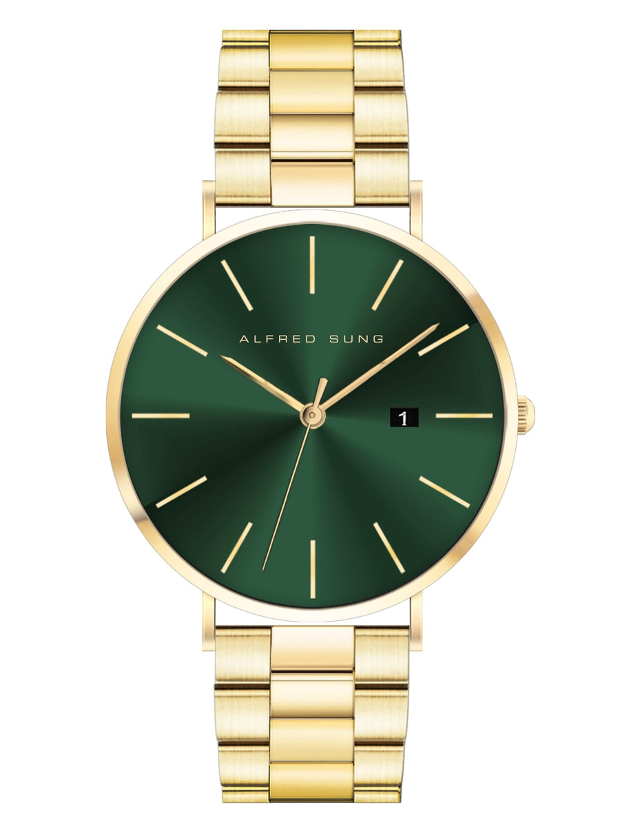 Alfred Sung Metropolitan Date Green Dial Gold Bracelet watch