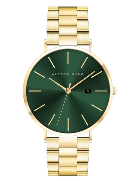 Alfred Sung Metropolitan Date Green Dial Gold Bracelet watch