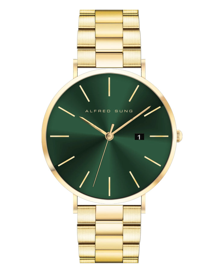 Alfred Sung Metropolitan Date Green Dial Gold Bracelet watch