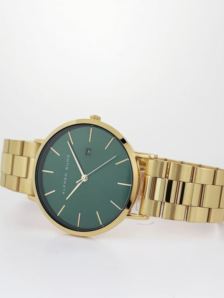 Alfred Sung Metropolitan Date Green Dial Gold Bracelet watch