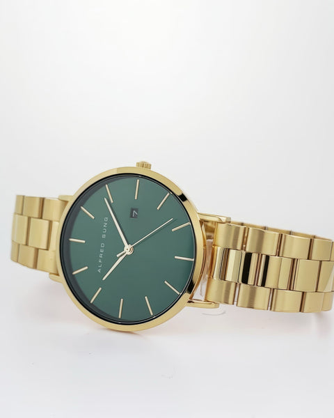 Alfred Sung Metropolitan Date Green Dial Gold Bracelet watch