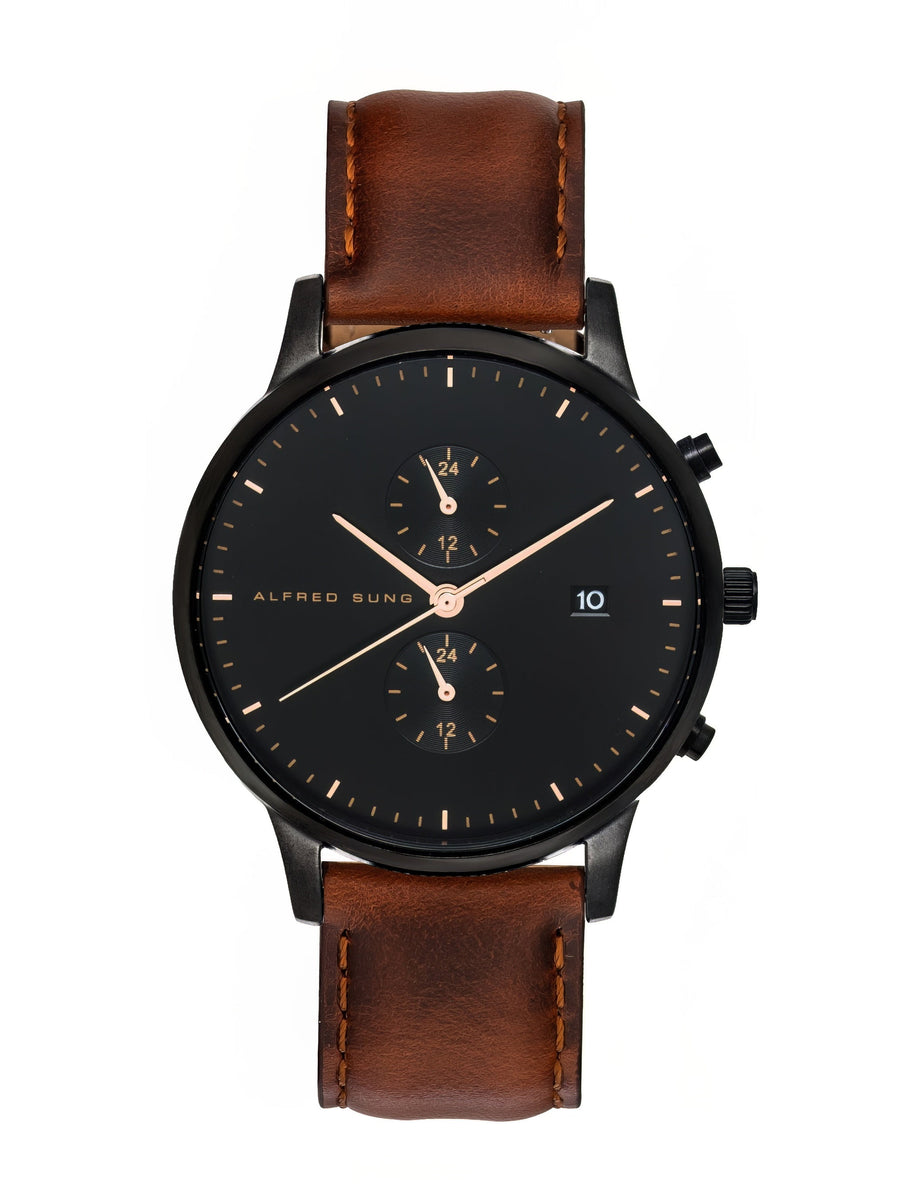 Alfred Sung Dual Time with Date Black Dial Brown Leather Strap watch