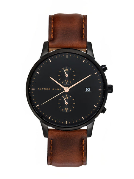 Alfred Sung Dual Time with Date Black Dial Brown Leather Strap watch
