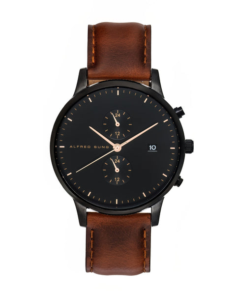 Alfred Sung Dual Time with Date Black Dial Brown Leather Strap watch