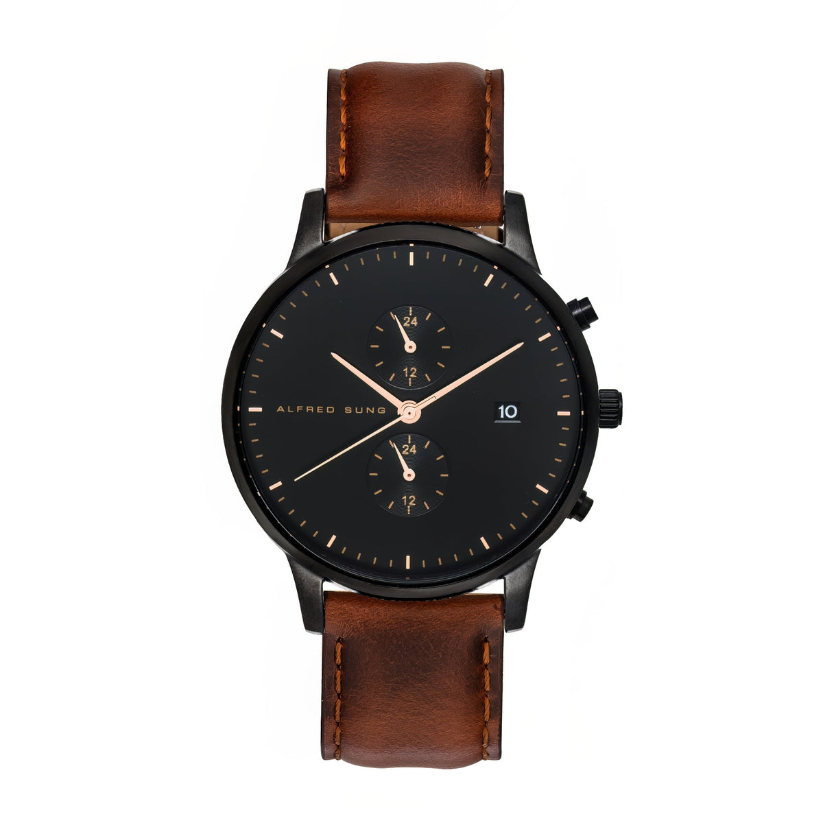 Alfred Sung Dual Time with Date Black Dial Brown Leather Strap watch — Dual Time with Date Black Dial Brown…