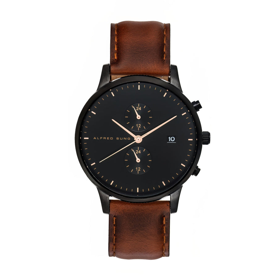 Alfred Sung Dual Time with Date Black Dial Brown Leather Strap watch — Dual Time with Date Black Dial Brown…