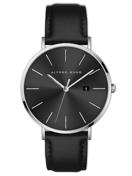 Alfred Sung Metropolitan Date Black Dial Silver Case Leather strap watch