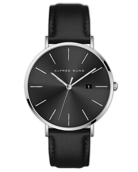 Alfred Sung Metropolitan Date Black Dial Silver Case Leather strap watch
