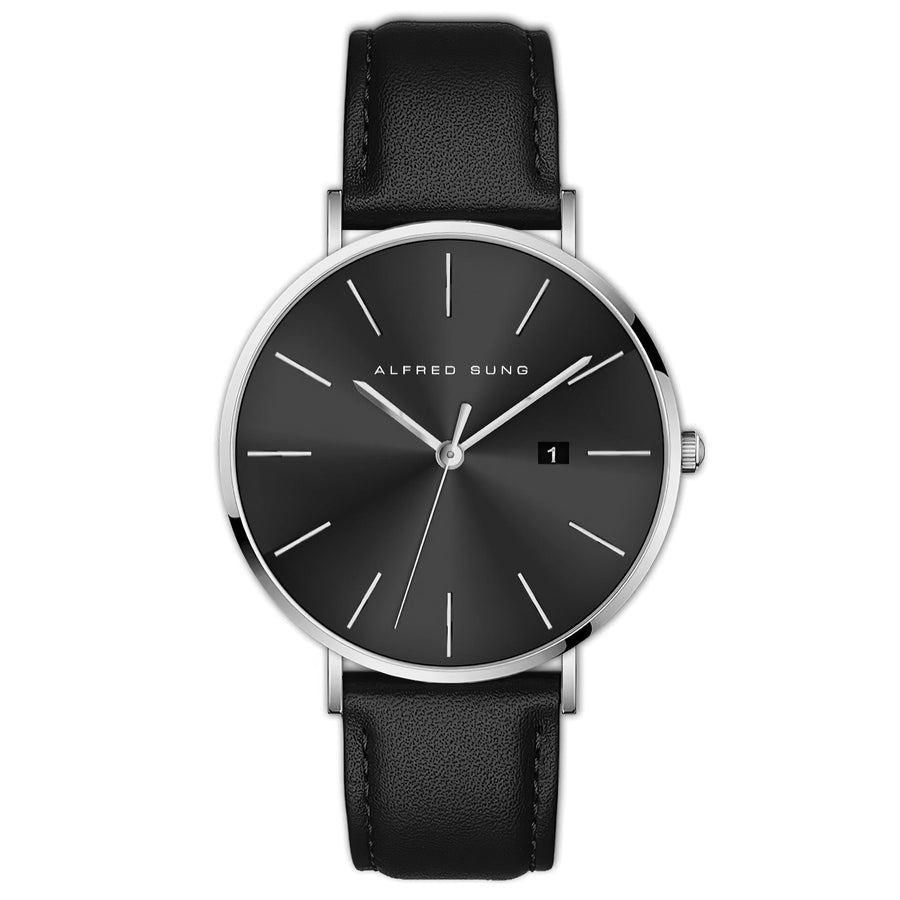 Alfred Sung Metropolitan Date Black Dial Silver Case Leather strap watch — Metropolitan Date Black Dial Silver…