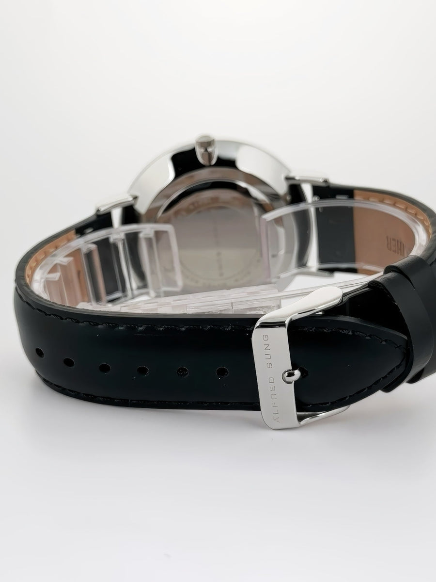 Alfred Sung Metropolitan Date Black Dial Silver Case Leather strap watch