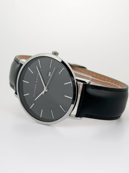 Alfred Sung Metropolitan Date Black Dial Silver Case Leather strap watch