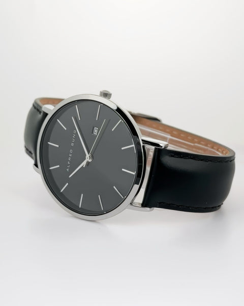 Alfred Sung Metropolitan Date Black Dial Silver Case Leather strap watch