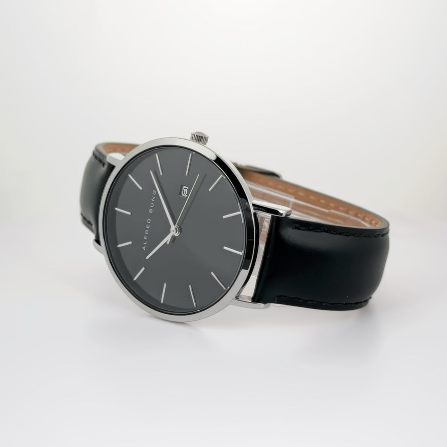 Alfred Sung Metropolitan Date Black Dial Silver Case Leather strap watch — Metropolitan Date Black Dial Silver…, alternate…