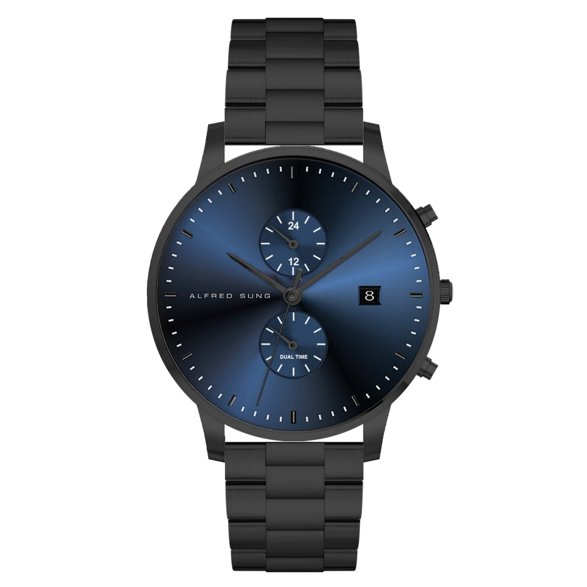 Alfred Sung Dual Time with Date Blue Dial Black Bracelet watch — Dual Time with Date Blue Dial Black Bracelet…